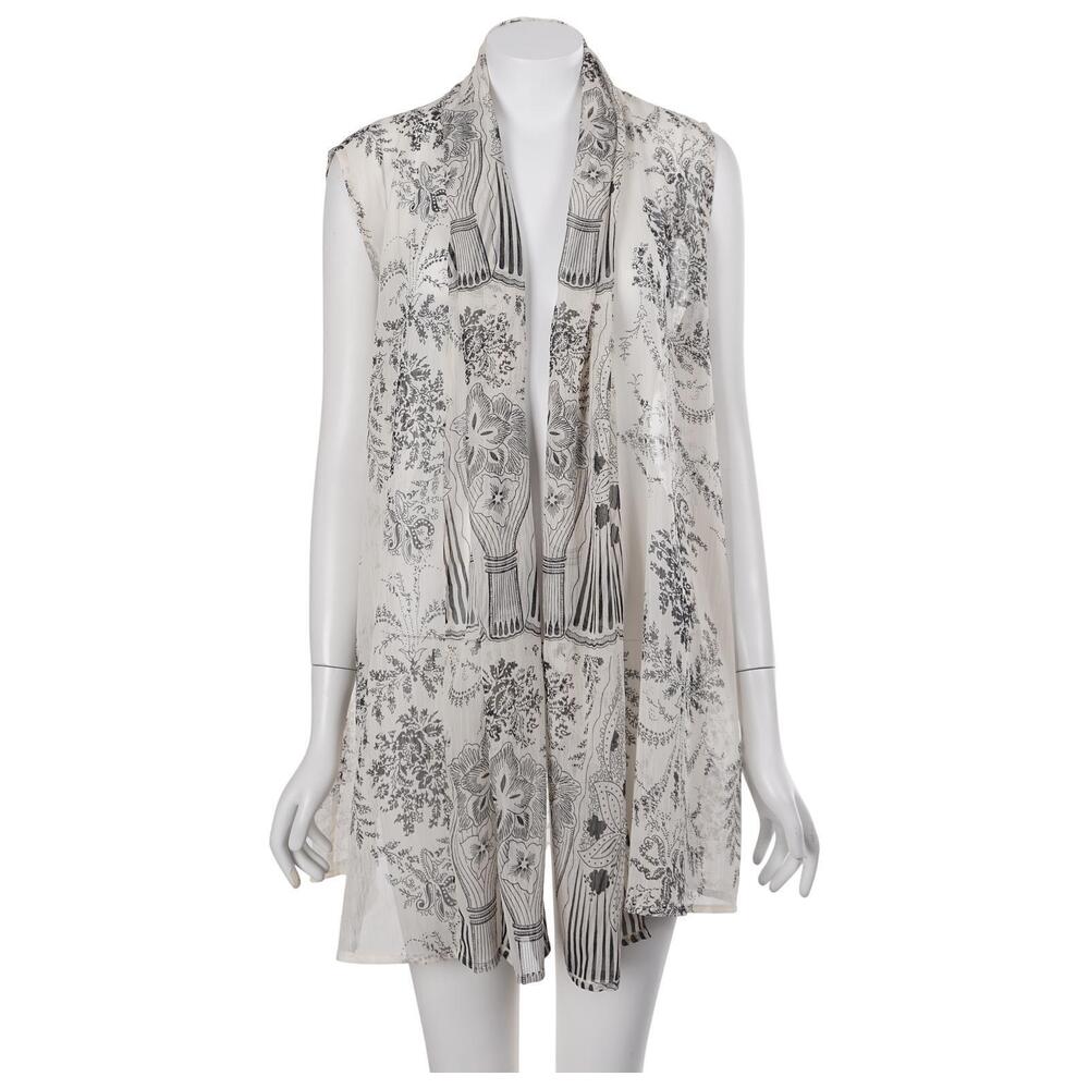 Coldwater Creek Vest Top O/S Ivory Black Print Sheer Crinkle Chiffon Open Front
